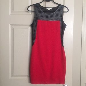 Alythea red dress with black faux leather trim